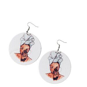 Women African American Head Wrap Wooden Round Painted Retro French Hook Earrings